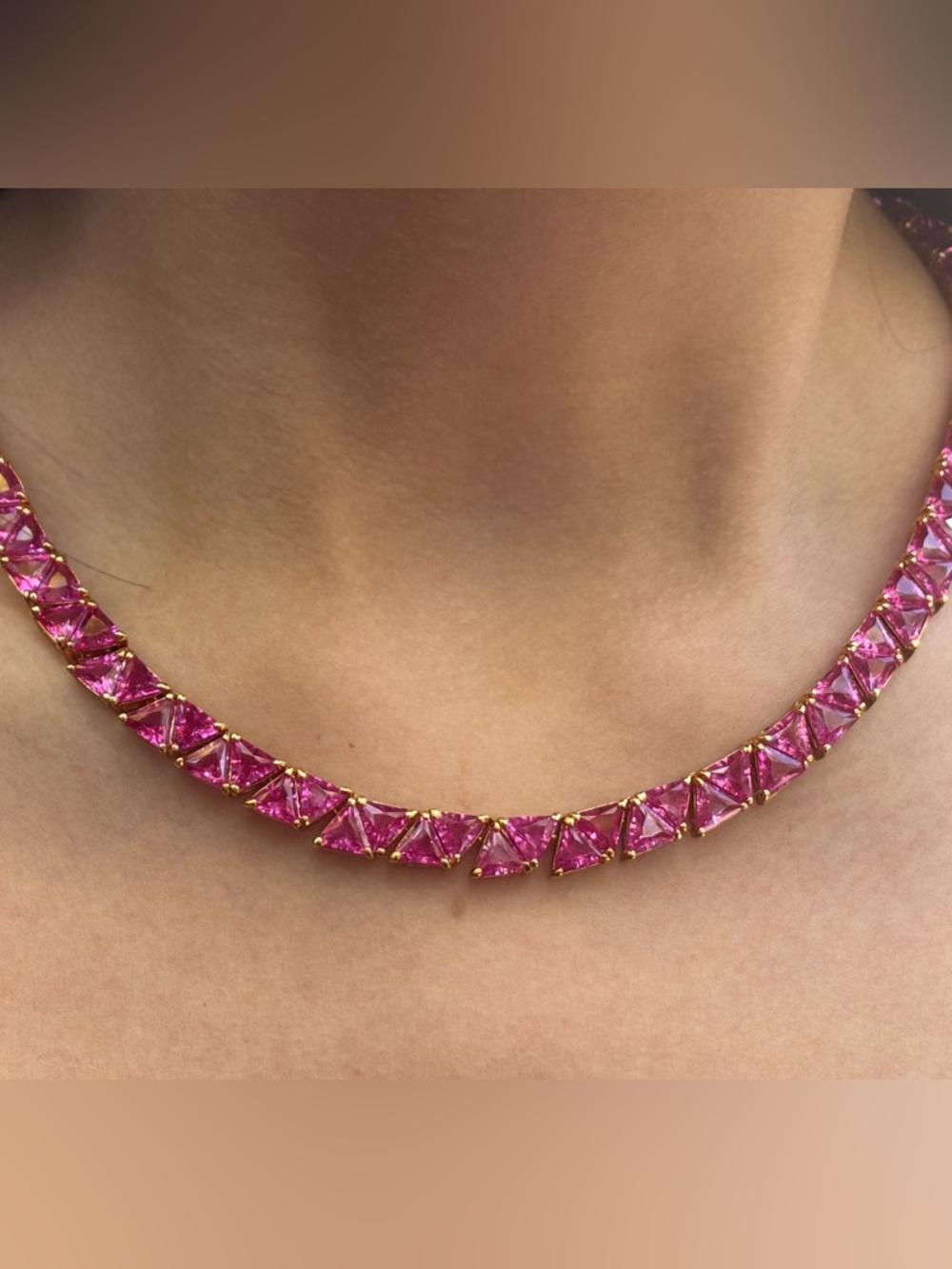 Vintage Pink Trillion Cut Necklace 925 Gold Vermeil Tennis Necklace 18”